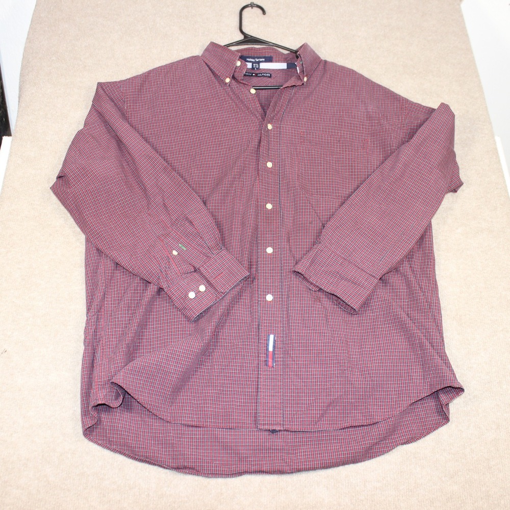 Tommy Hilfiger Holiday Tartans Red Blue Check Button Down Shirt Men L 16.5 32-33